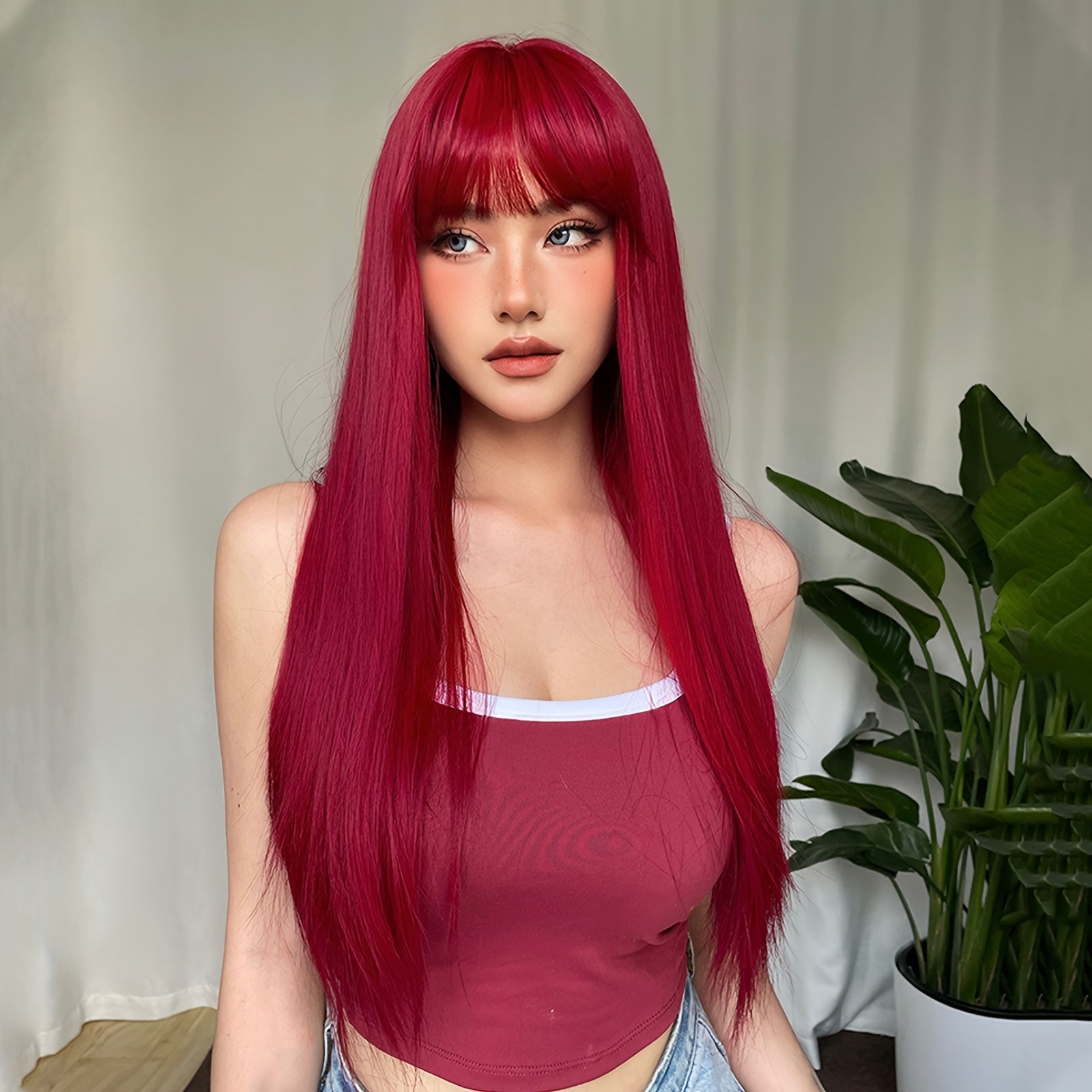 26 Inch Elegant Red Wig with Bangs for Women, Straight Heat Resistant Synthetic Hair, High Temperature Fiber, Rose Net Cap, Fashionable Long Wig